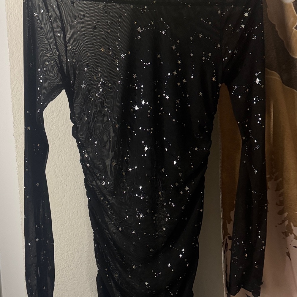 Black Starry long sleeve Midi Mesh Dress